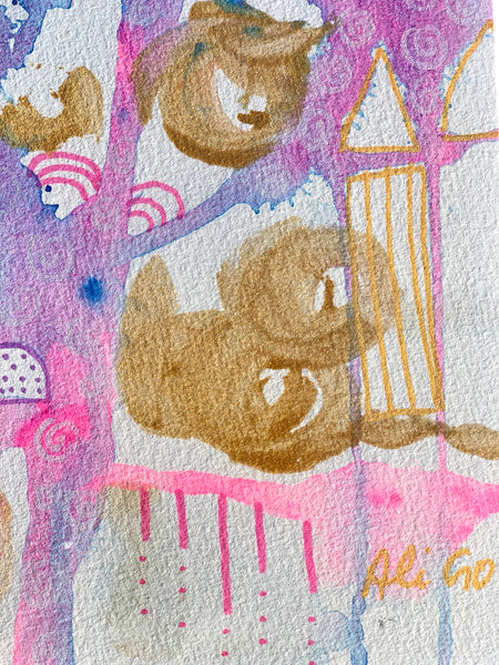 Whimsical abstract study in pinks, blues, and purples.