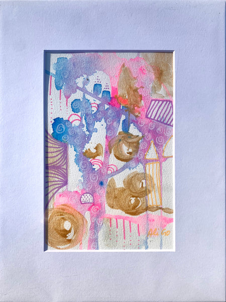 Whimsical abstract study in pinks, blues, and purples.